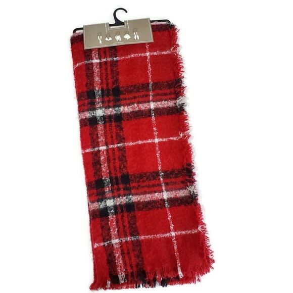 Womens Red Plaid Boucle Blanket Scarf Style & Wear - Picture 2 of 8